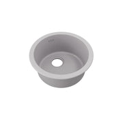 Greystone quartz round bar sink with single bowl and drain hole, viewed from above.