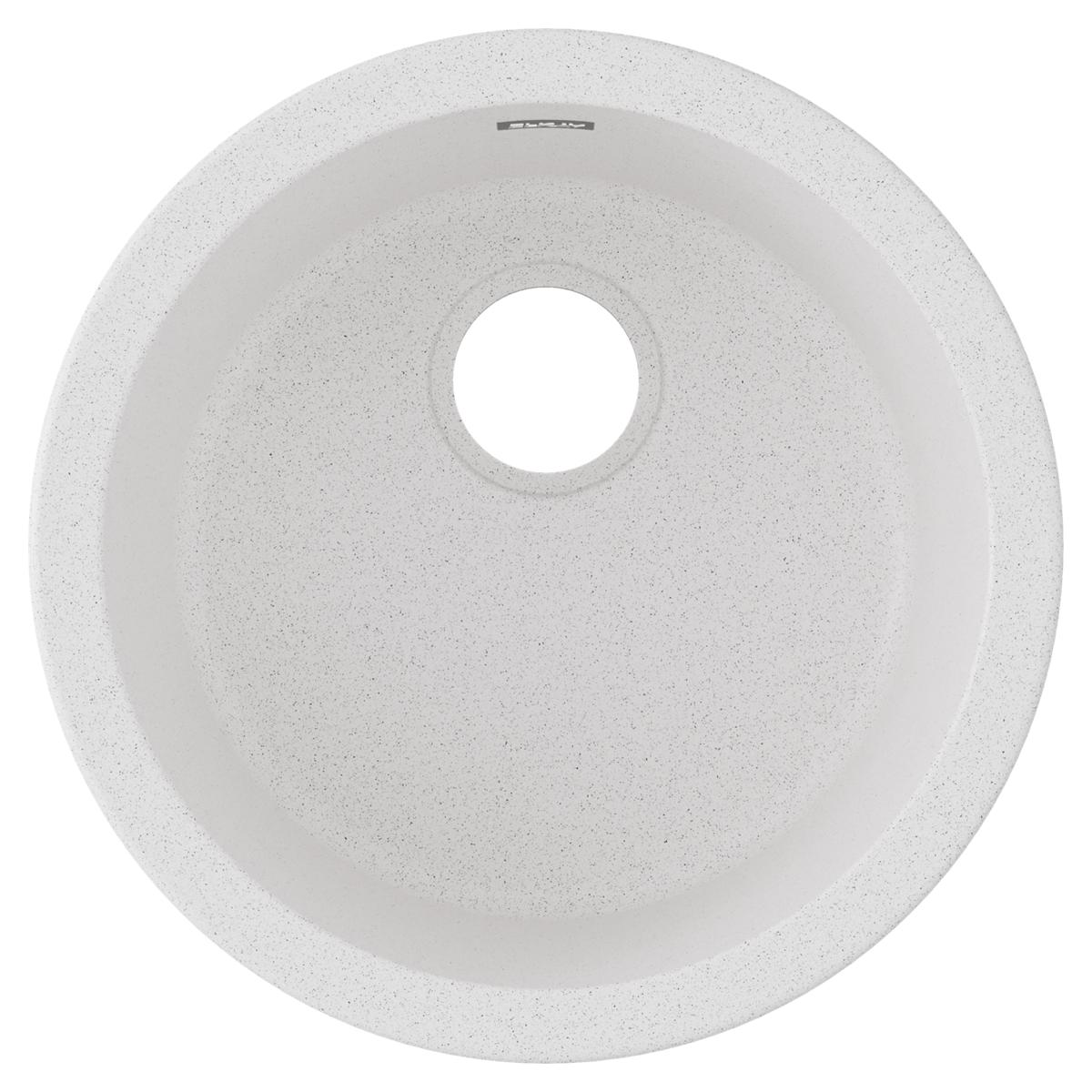 White quartz composite round single bowl bar sink with drain hole, viewed from above.