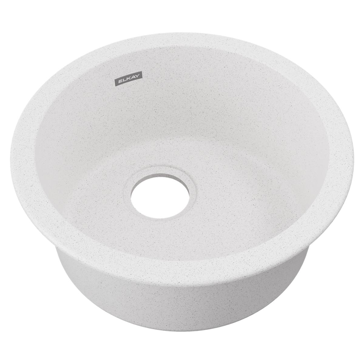 White quartz round single bowl bar sink with center drain opening and Elkay brand marking.