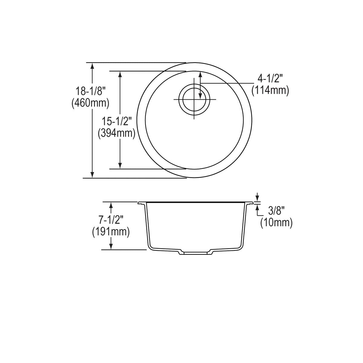 Top and side view technical drawings of a greystone quartz bar sink with circular bowl and drainage hole.