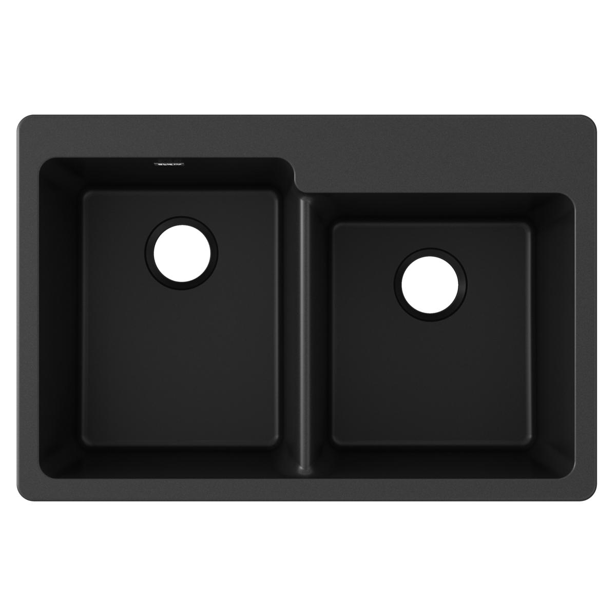 Black quartz double bowl drop-in sink with offset bowls and drain holes.