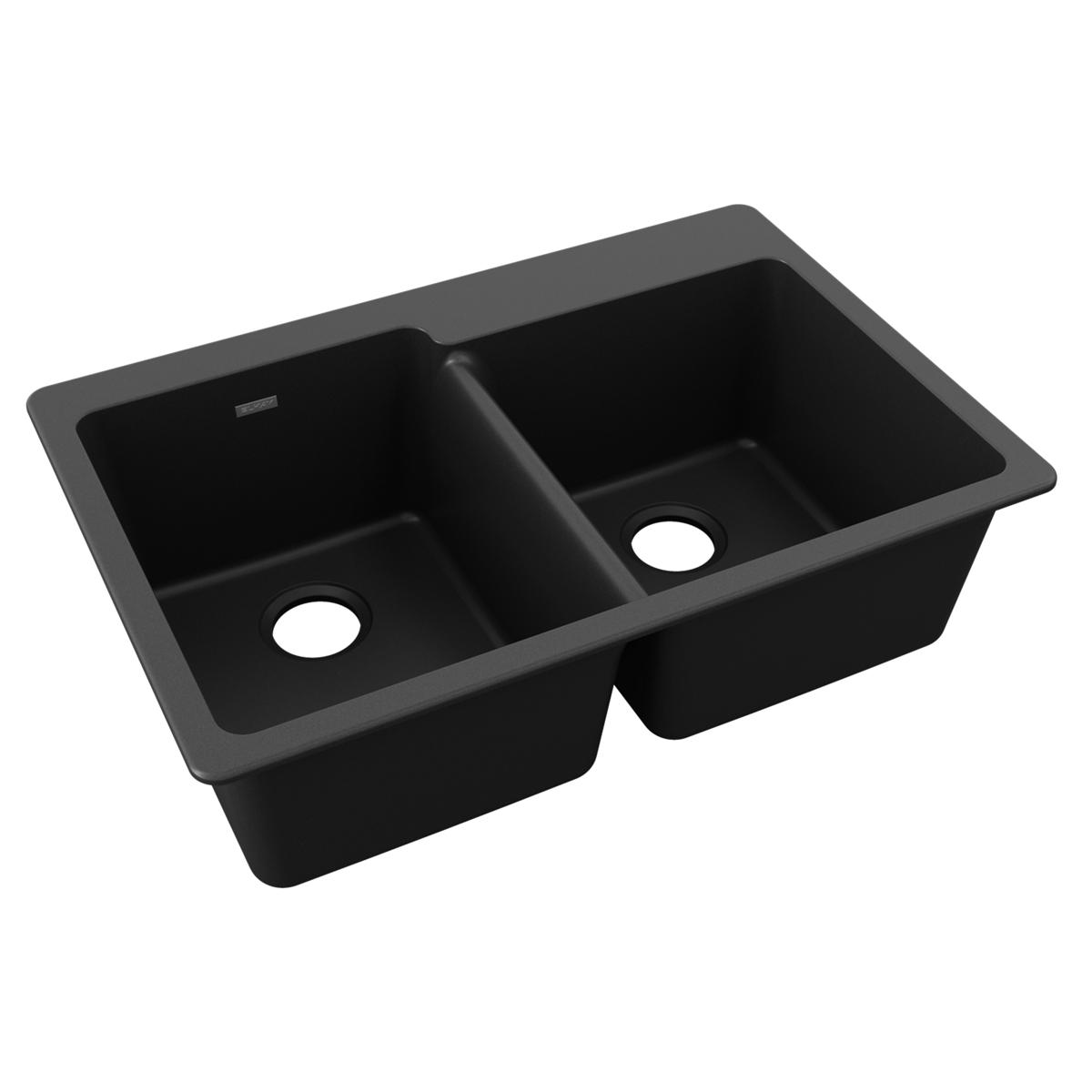 Black quartz composite double bowl drop-in sink with offset bowls and drain holes.