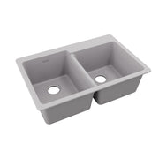 Greystone quartz double bowl drop-in sink with offset bowls and drain holes.