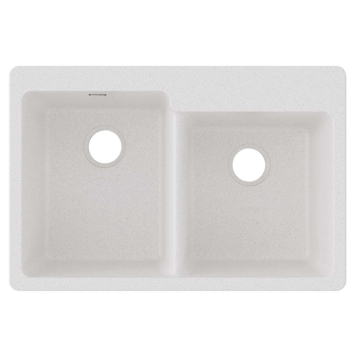 White quartz double bowl drop-in kitchen sink with offset bowls and drain holes.
