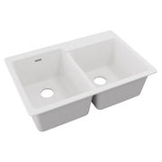 White quartz double bowl drop-in sink with offset bowls and drain holes visible.
