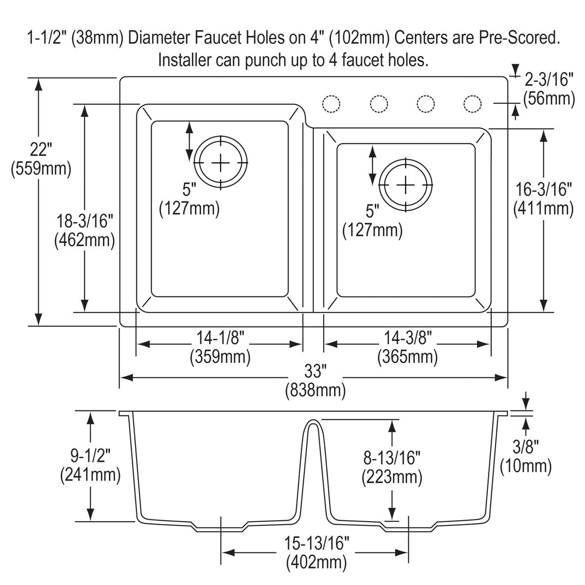 White quartz double bowl drop-in sink with offset bowls, 33" width, pre-scored faucet holes.