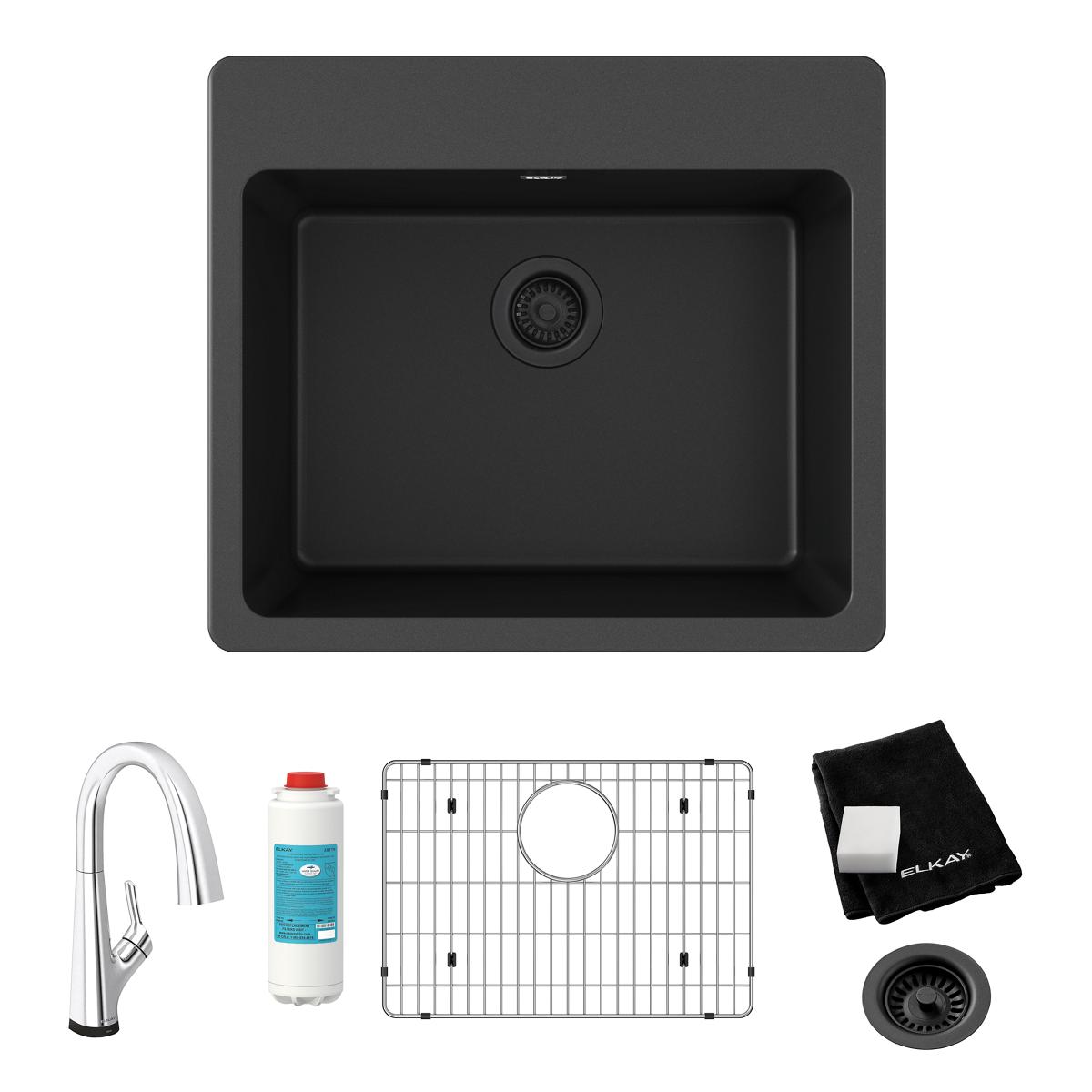 Black quartz composite single-bowl drop-in sink kit with filtered faucet, strainer, grid, and cloth included.