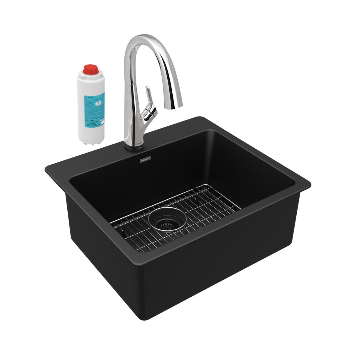 Black quartz single bowl drop-in sink with chrome filtered faucet and included filter cartridge.