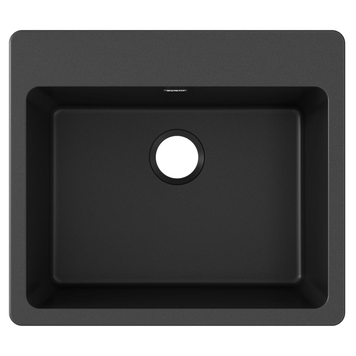 Black quartz composite drop-in sink with single bowl and drain hole, viewed from above.
