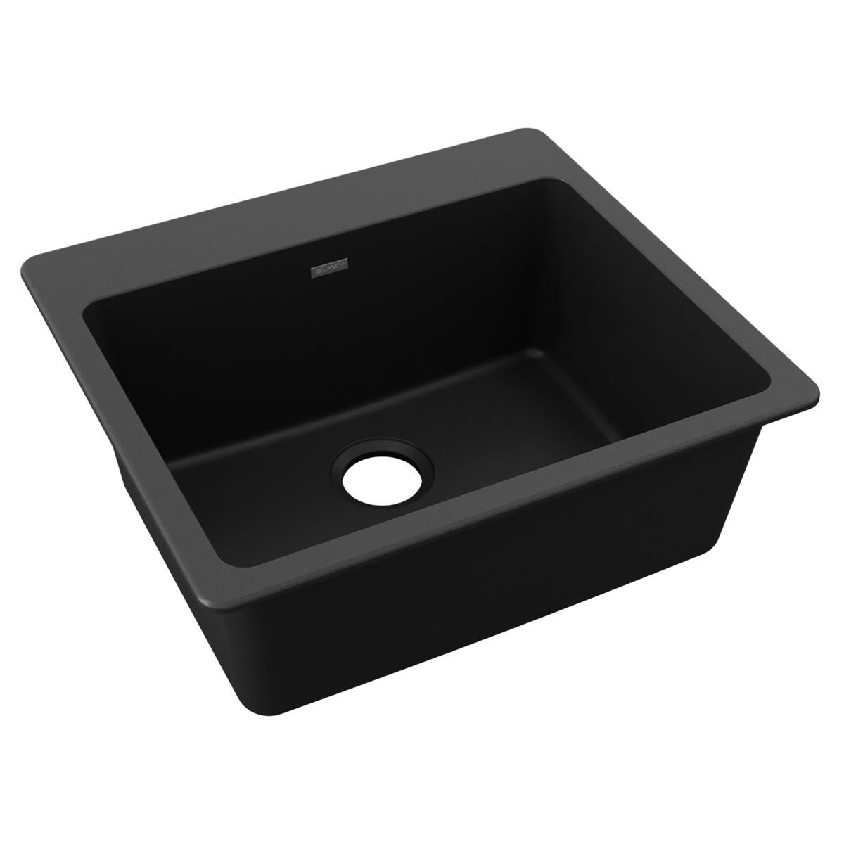 Black quartz composite single bowl drop-in sink with drain hole and rounded interior corners.