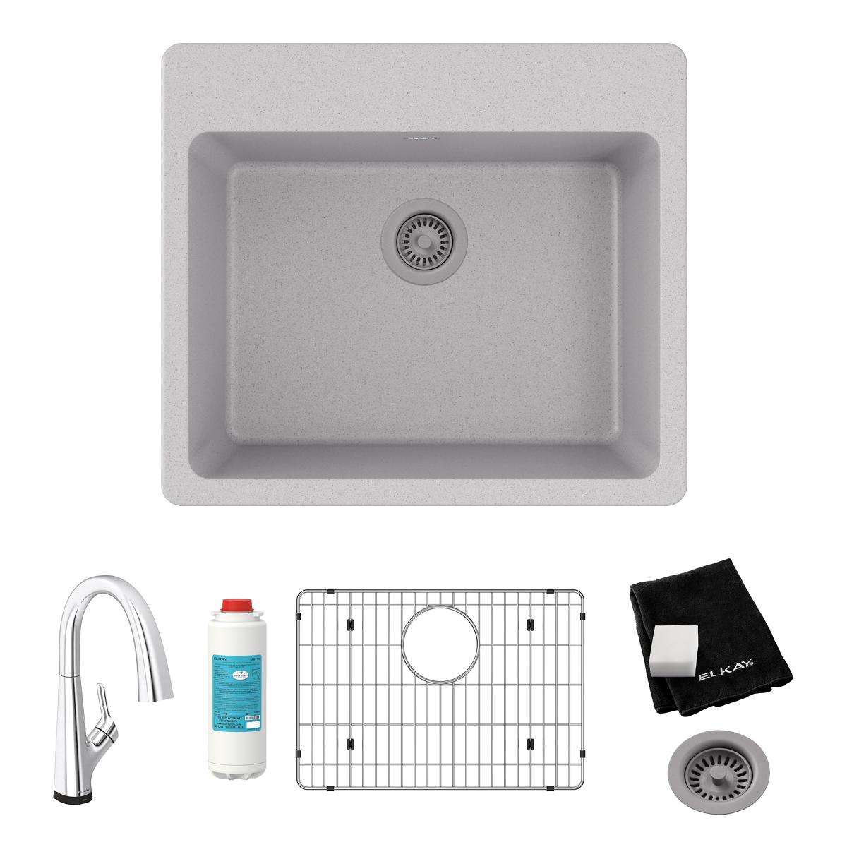Greystone quartz drop-in sink with single bowl, paired with chrome filtered faucet, stainless steel sink grid, filter cartrid