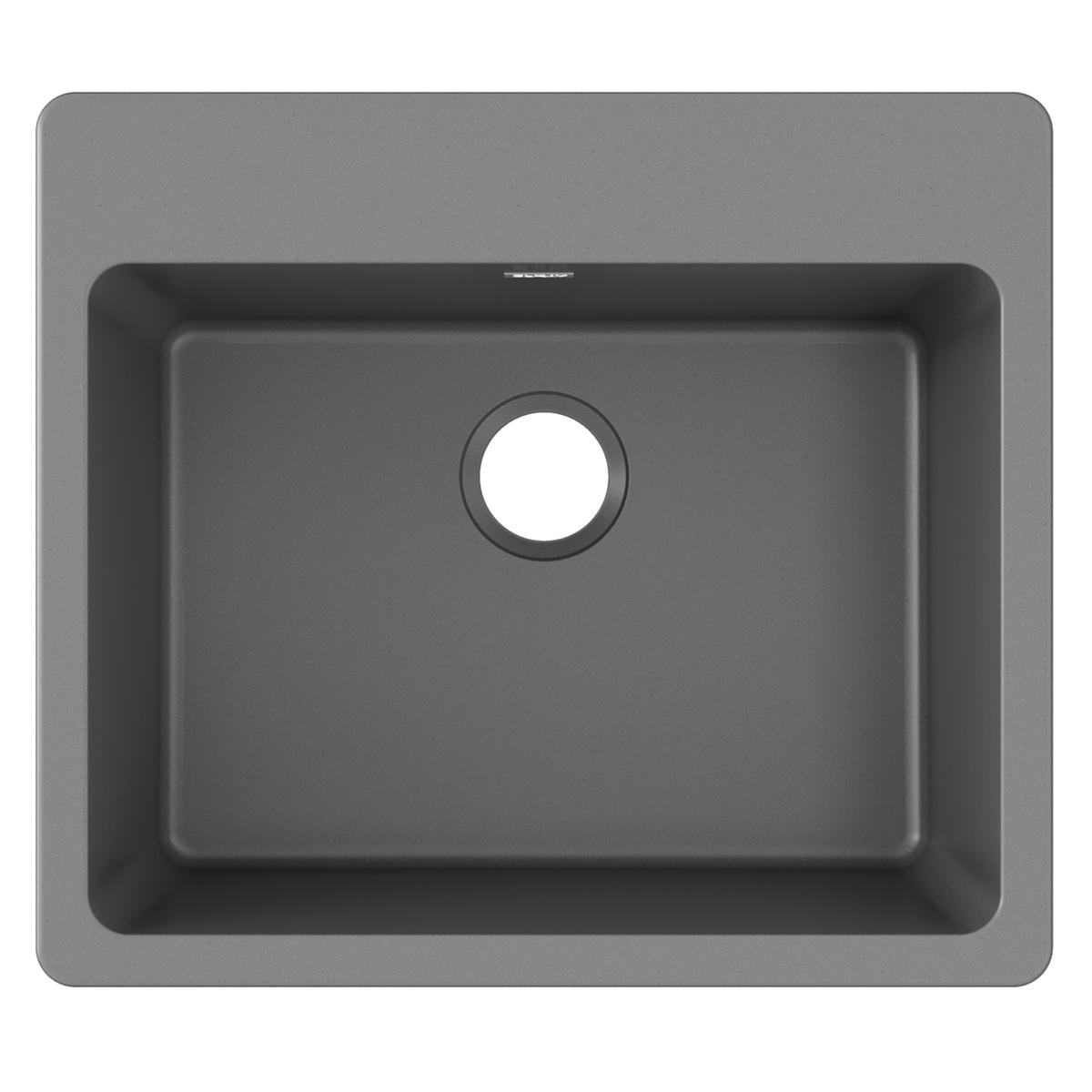 Dusk gray quartz drop-in sink with single rectangular bowl and drain hole, viewed from above.
