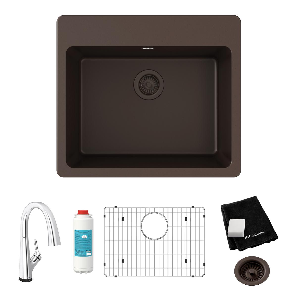 Mocha quartz drop-in sink with single bowl, drain, chrome filtered faucet, stainless steel grid, and accessories.