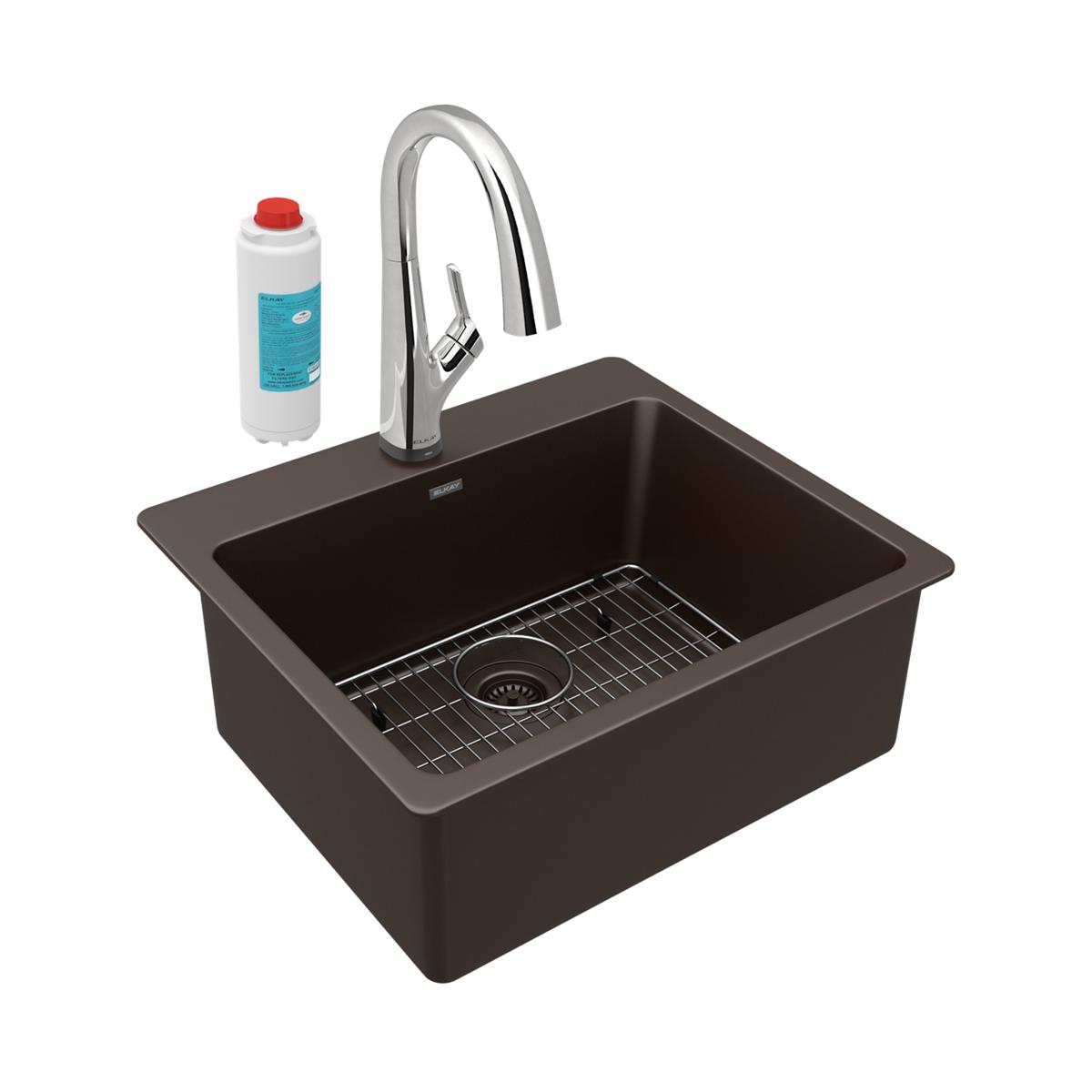 Mocha quartz single bowl drop-in sink with stainless steel faucet, drain grid, and white filter cartridge.