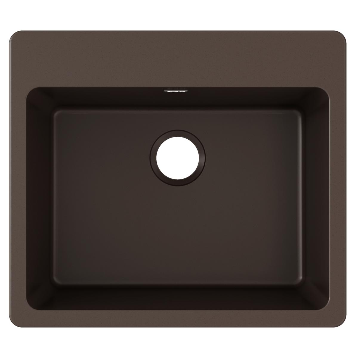 Mocha quartz drop-in sink with single rectangular bowl and drain hole, viewed from above.