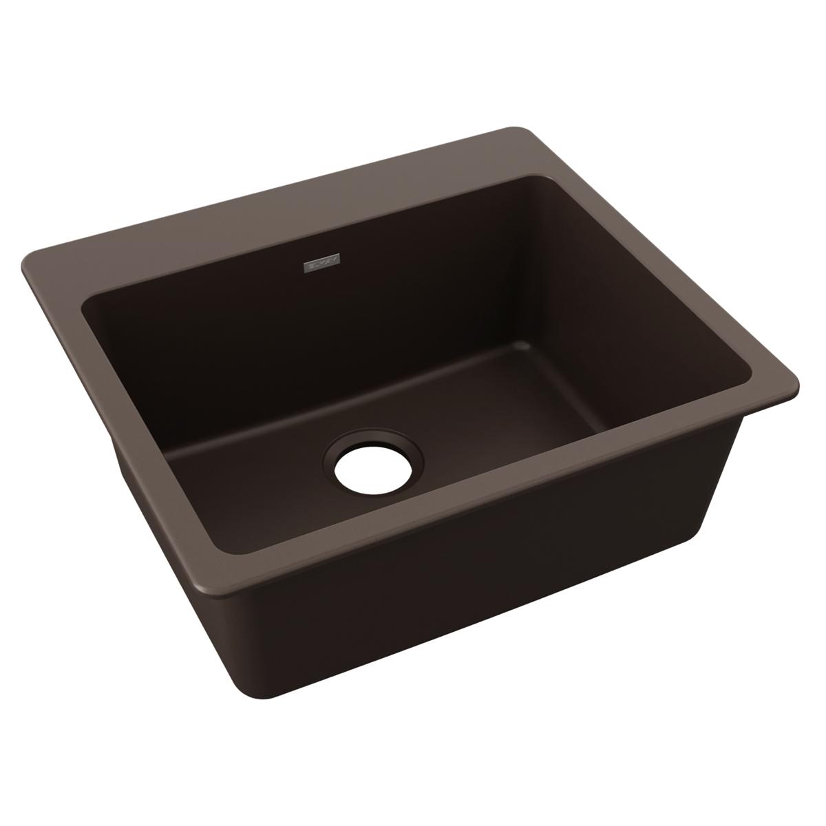 Mocha quartz drop-in sink with single basin and drain hole.
