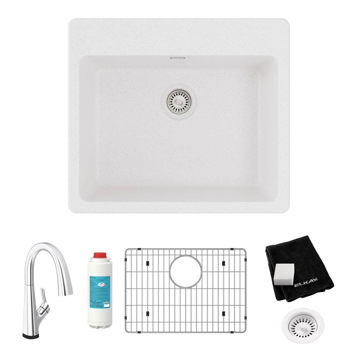 White quartz single bowl drop-in sink kit with filtered faucet, strainer, grid, and accessories.