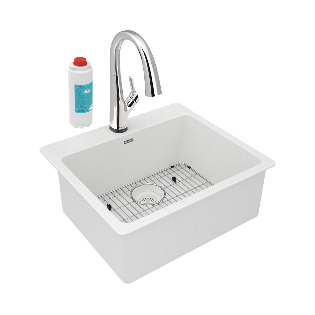 White quartz drop-in sink with single bowl, chrome pulldown faucet, stainless steel grid, and filtered water cartridge.