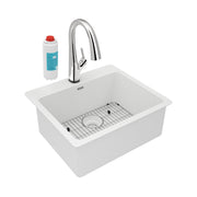 White quartz drop-in sink with single bowl, chrome pulldown faucet, stainless steel grid, and filtered water cartridge.