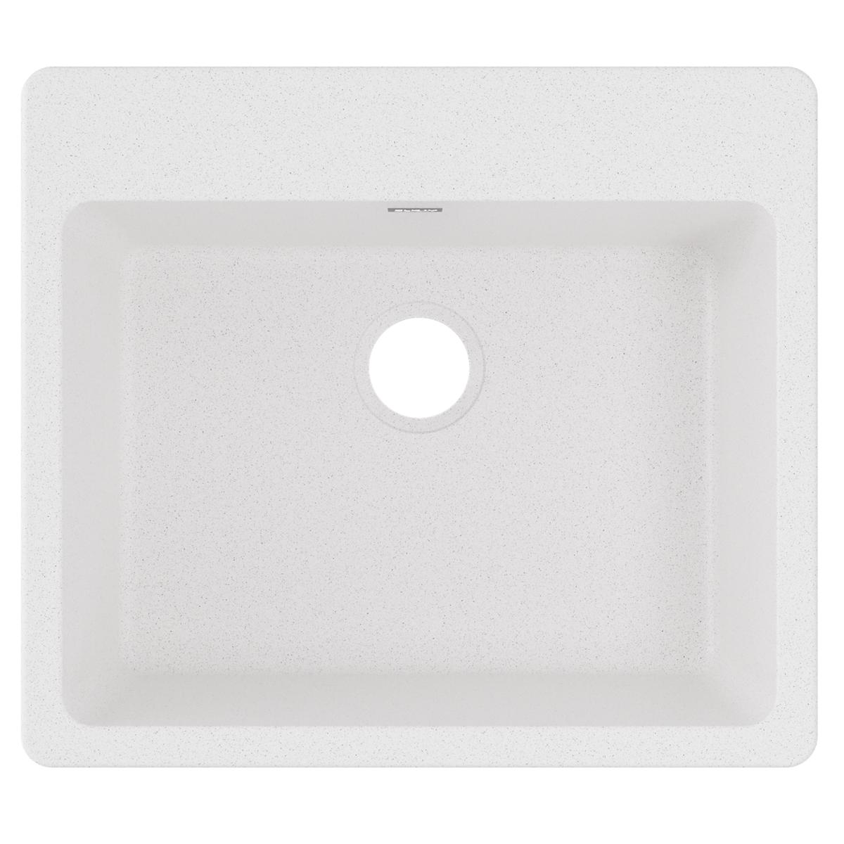 White quartz composite single bowl drop-in sink with rounded corners and drain hole.