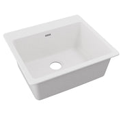 White quartz composite single bowl drop-in sink with drain hole and Elkay brand marking.