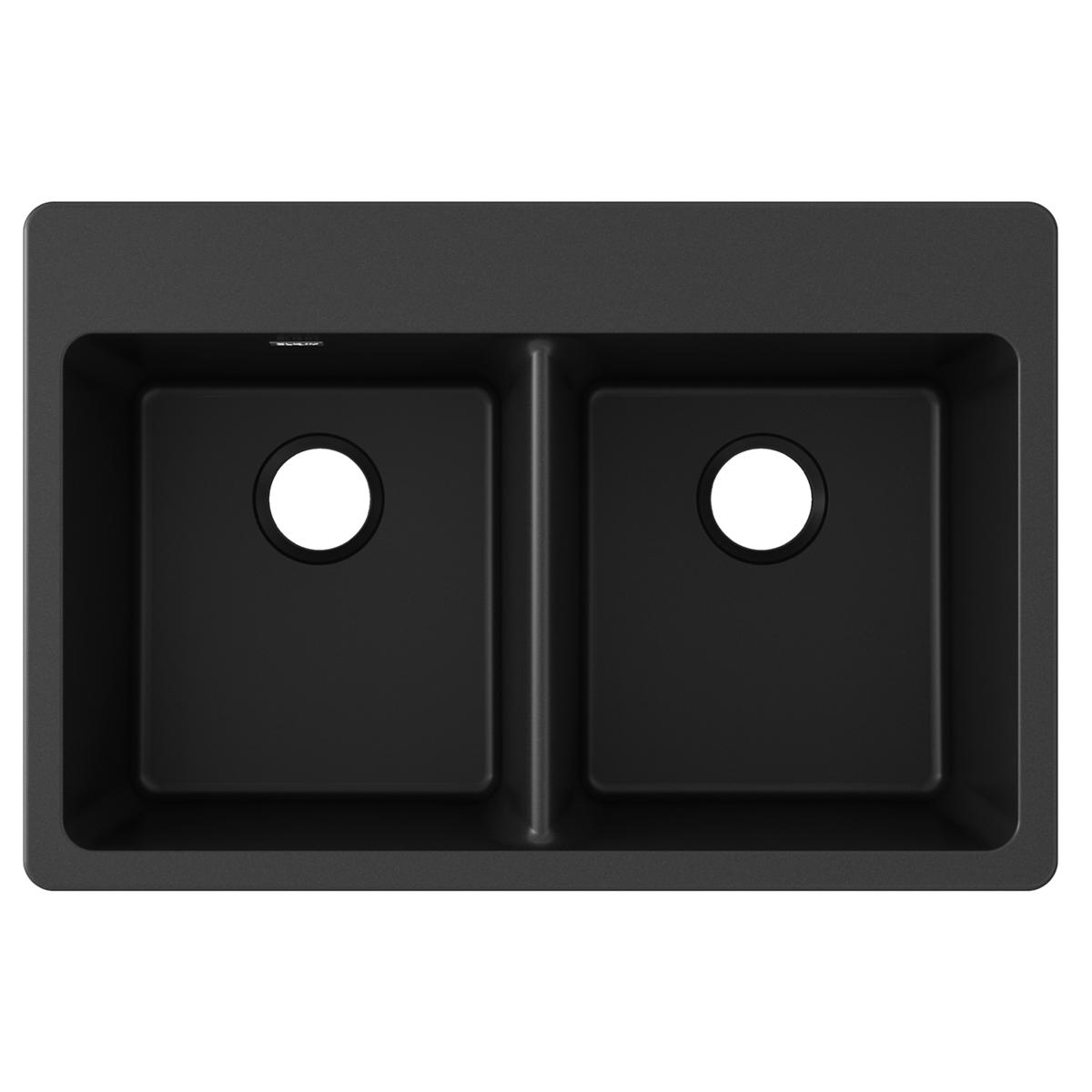 Black quartz composite drop-in sink with two equal rectangular bowls and drain openings.