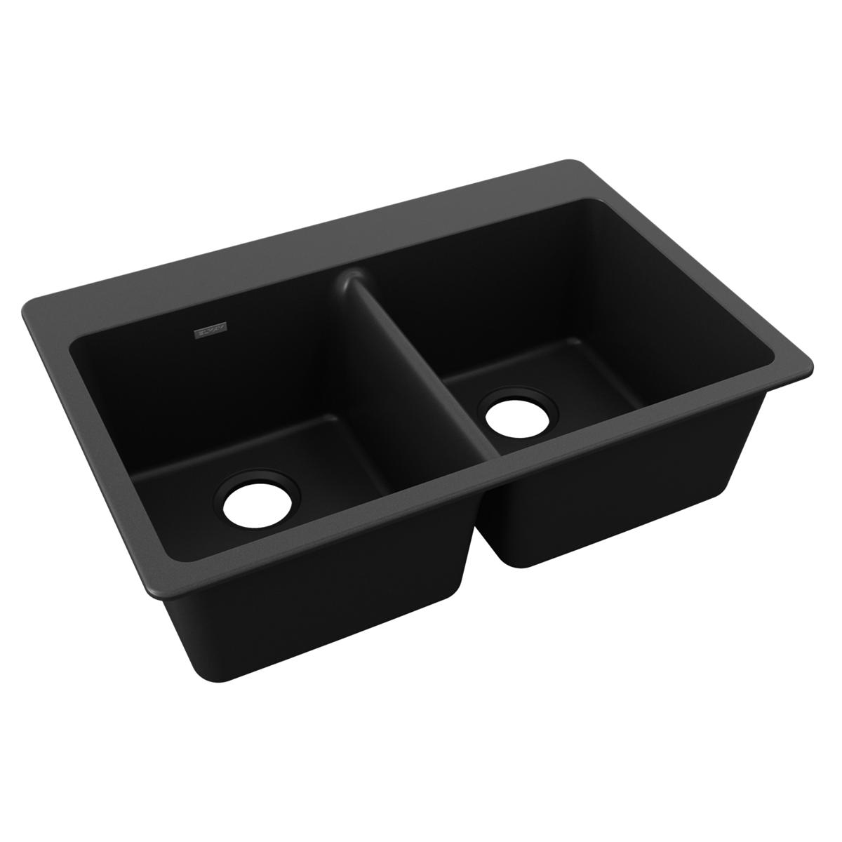 Black quartz composite drop-in sink with two equal bowls and drain openings.