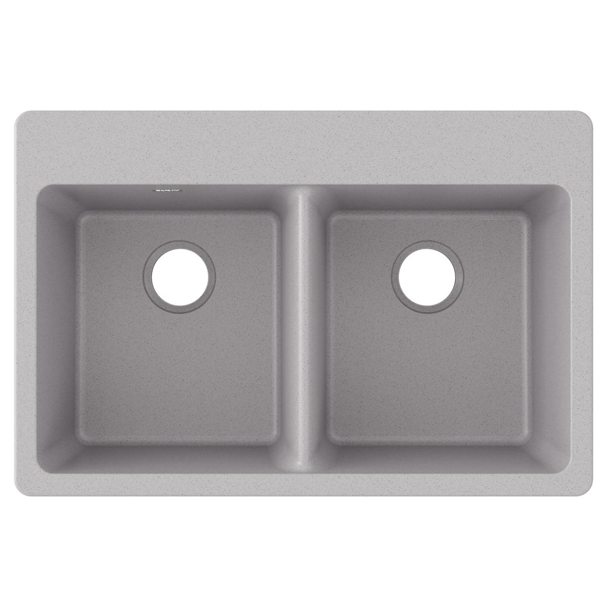 Greystone quartz double bowl drop-in kitchen sink with two equal-sized basins and drain holes.