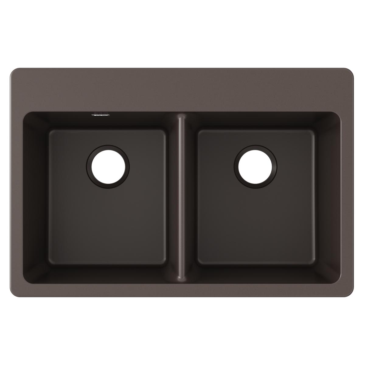 Mocha quartz drop-in sink with two equal square bowls and drain openings, viewed from above.