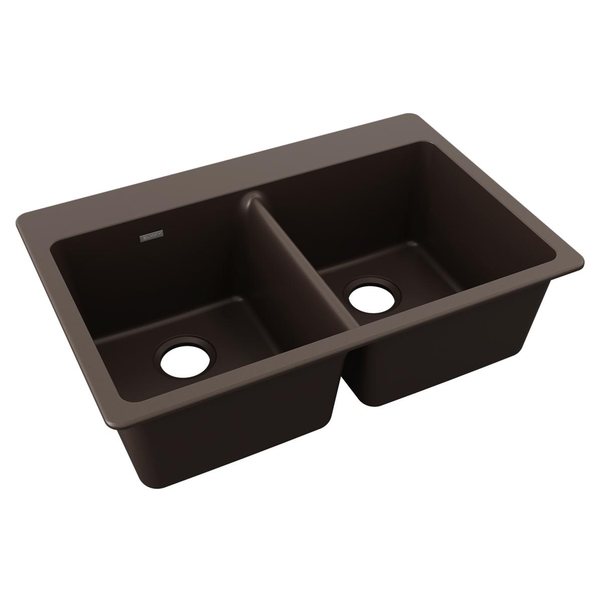 Mocha quartz double bowl drop-in kitchen sink with two equal-sized compartments and drain holes.