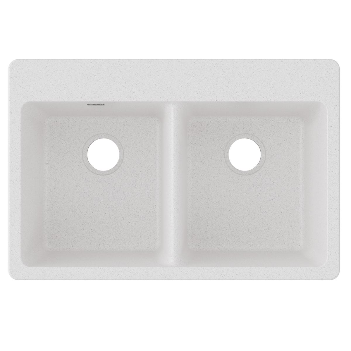 White quartz double bowl drop-in sink with two equal-sized rectangular basins and drain holes.