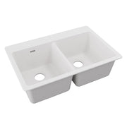 White quartz double bowl drop-in kitchen sink with two equal-sized basins and drain openings.