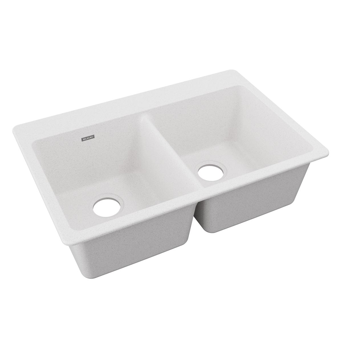 White quartz double bowl drop-in kitchen sink with two equal-sized basins and drain openings.