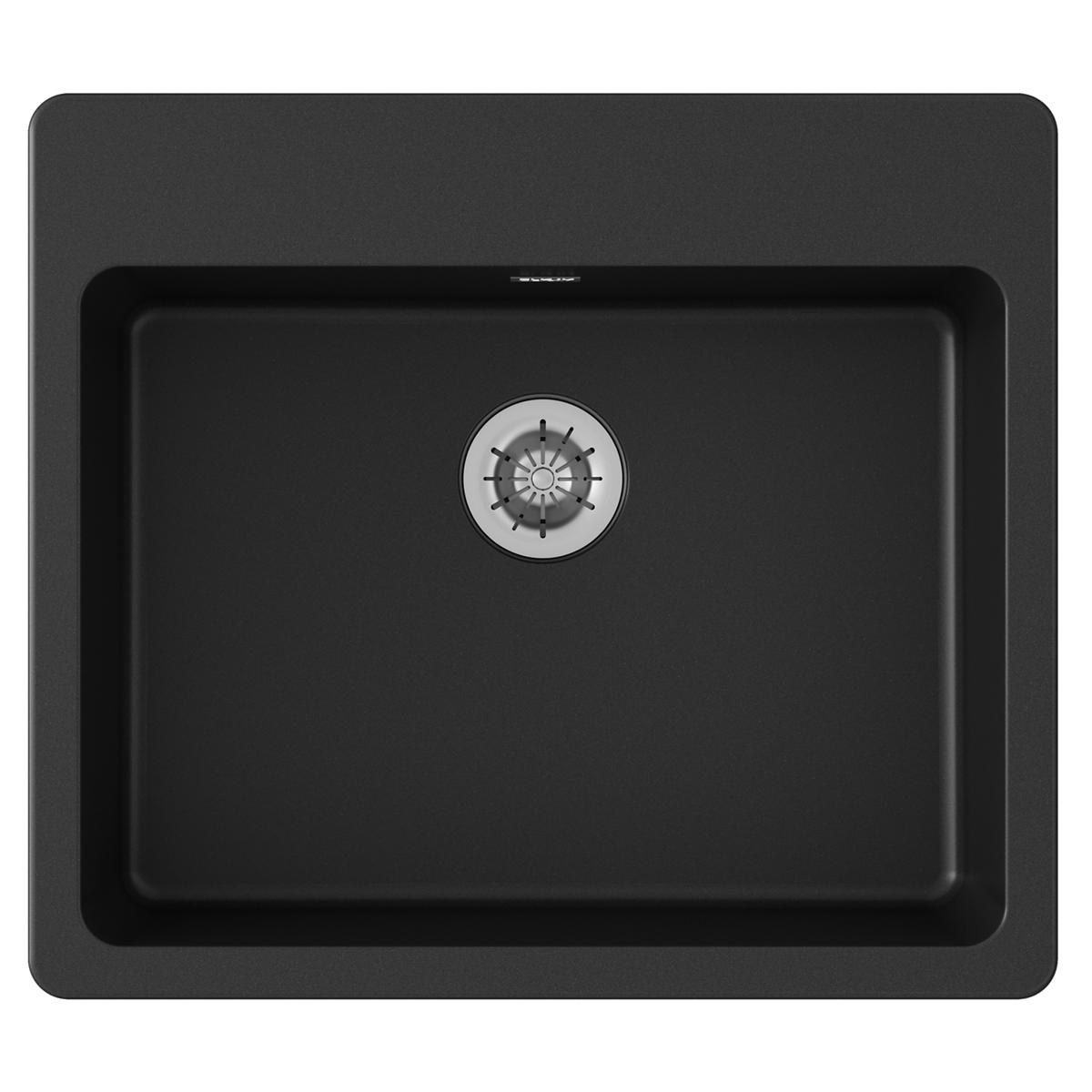 Black quartz drop-in kitchen sink with single bowl and chrome drain strainer, viewed from above.