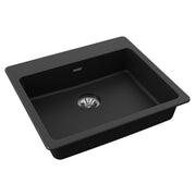 Black quartz composite single-bowl drop-in sink with centered drain and rounded rim edges.