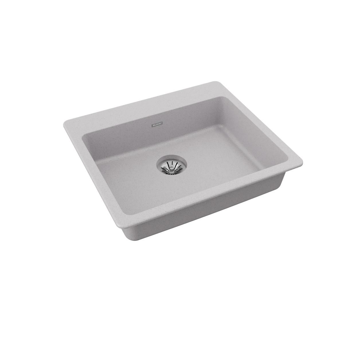 Greystone quartz single bowl drop-in sink with centered drain, rectangular shape.