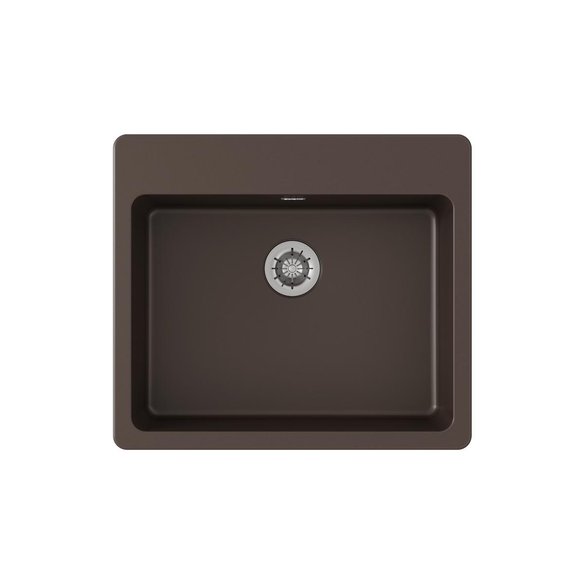 Mocha quartz single bowl drop-in sink with drain, viewed from above.