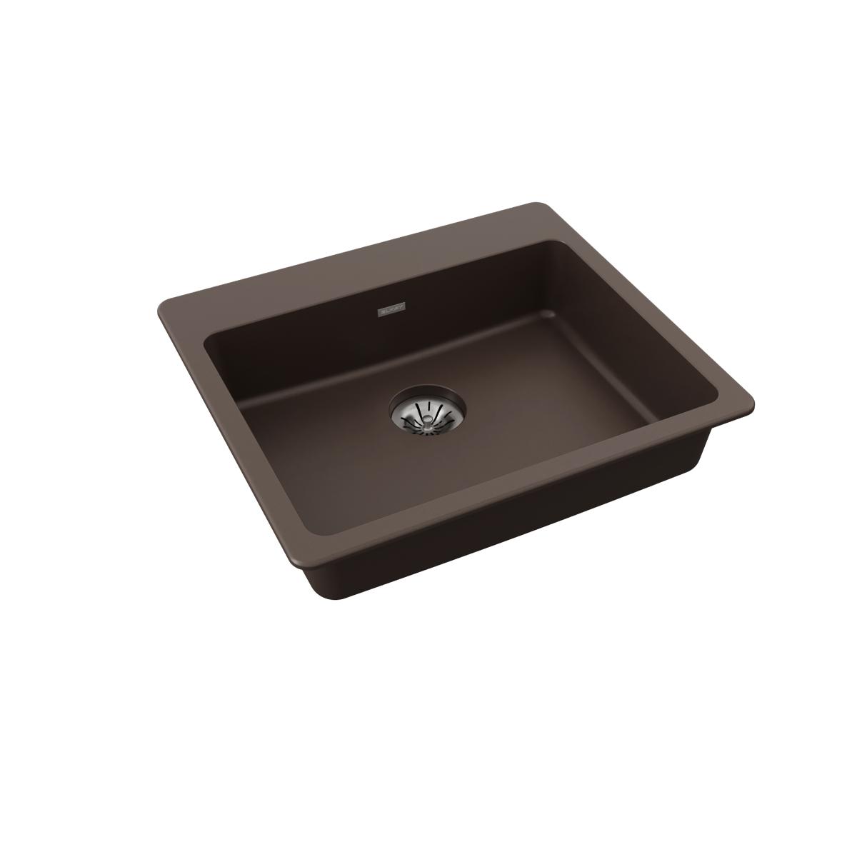 Mocha quartz drop-in sink with single bowl, drain, and overflow opening.