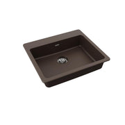 Mocha quartz drop-in sink with single bowl, drain, and overflow opening.