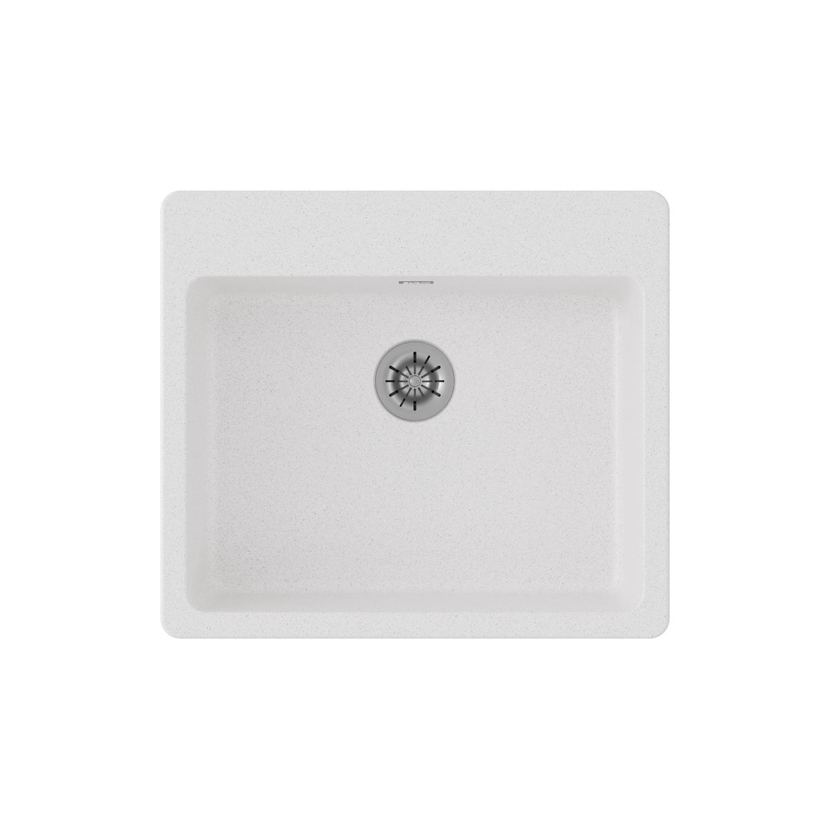 White quartz drop-in sink with single rectangular bowl and center drain opening, viewed from above.