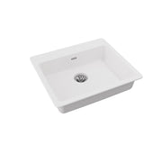 White quartz drop-in sink with single bowl and drain basket visible from above.
