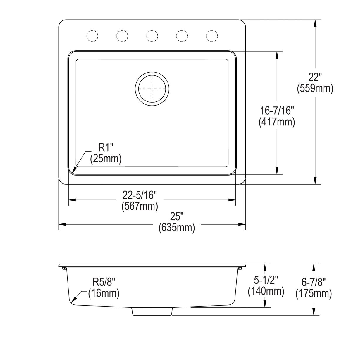 Black quartz single bowl drop-in sink with drain hole and faucet mounting holes shown in top and side technical views.