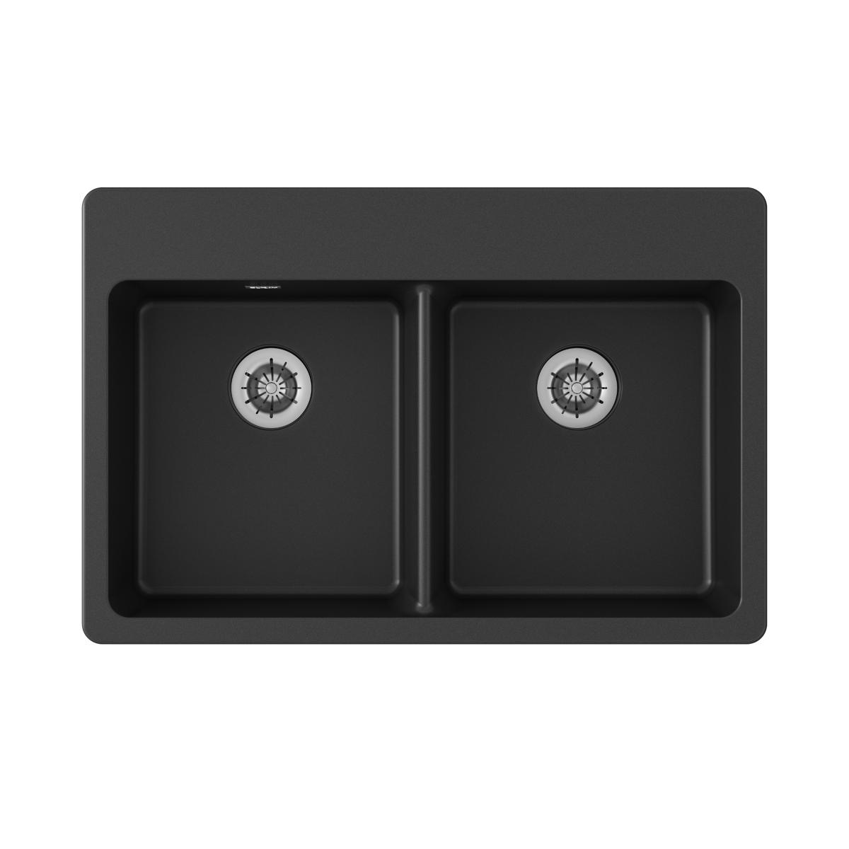 Black quartz drop-in sink with two equal bowls and chrome drain strainers.
