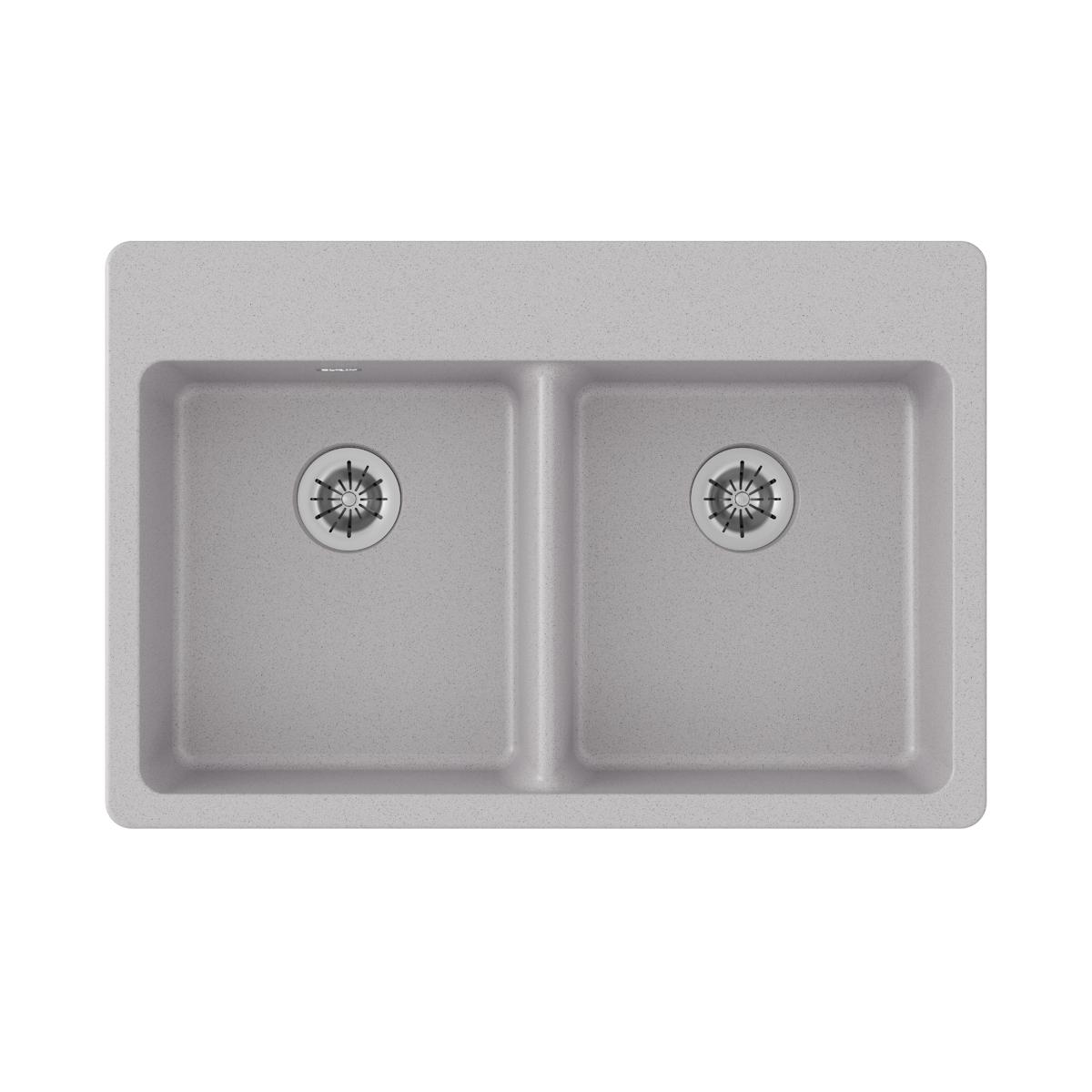 Greystone quartz drop-in kitchen sink with two equal bowls and drain strainers.