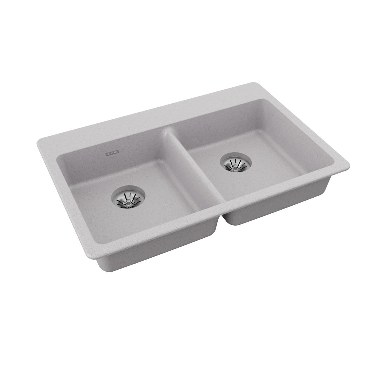 Greystone quartz double bowl drop-in sink with two drain openings and rounded rim edges.