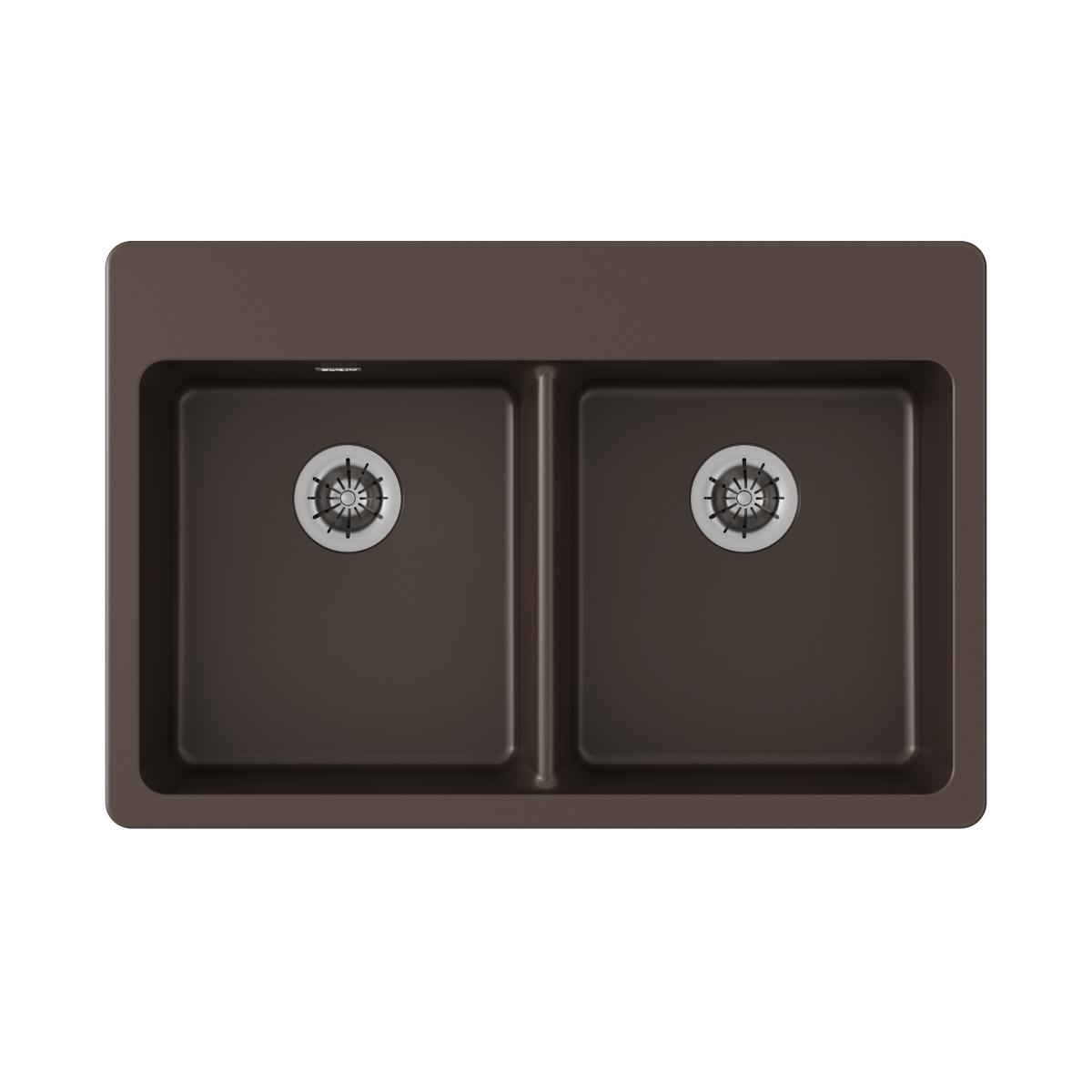 Mocha quartz double bowl drop-in sink with two drain openings and rounded corners.