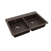 Mocha quartz double bowl drop-in sink with two drains and rounded corners.