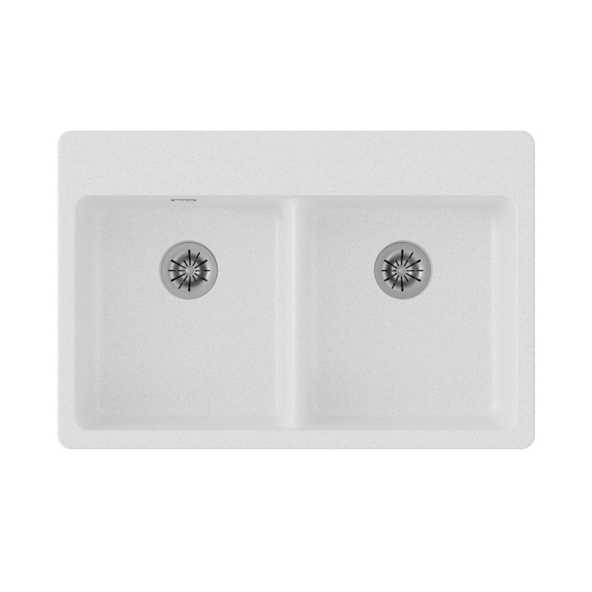 White quartz drop-in sink with two equal bowls and drain strainers, viewed from above.