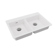 White quartz double bowl drop-in sink with two drains and rounded corners.
