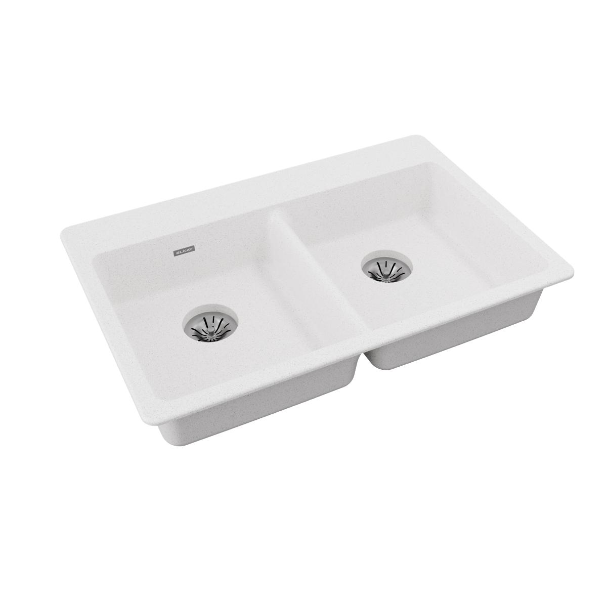 White quartz double bowl drop-in sink with two drains and rounded corners.